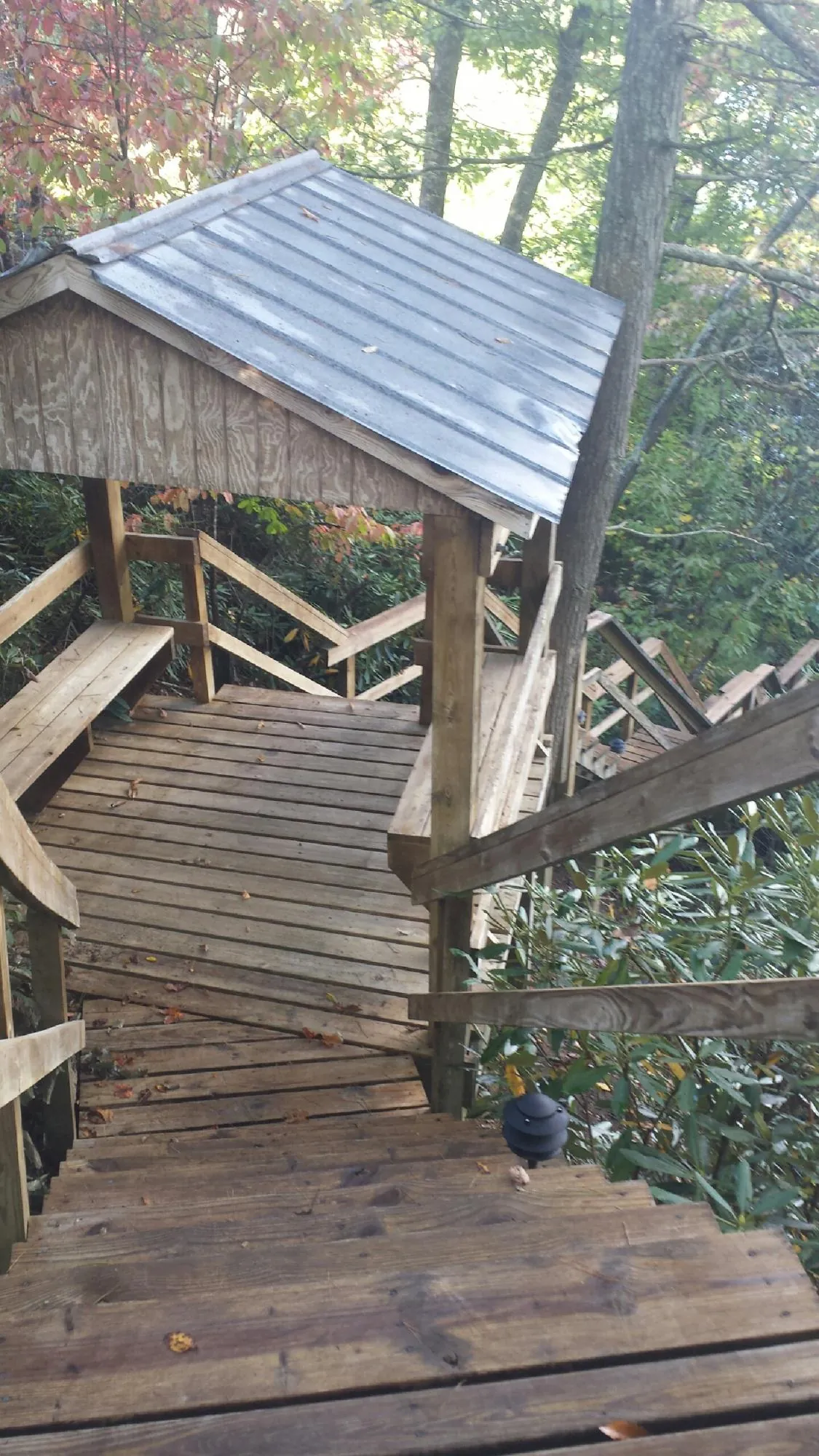 Metal roofed shelter over wooden steps on a wooded walkway — Skylight Repair & Installation work by our crew in Lindale